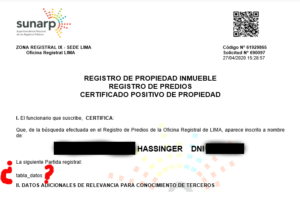 Certificado positivo o negativo de propiedad emitido por SUNARP en Perú